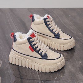 Women's High Quality Winter Snow Boots - Faux Fur Trim & EVA Cushioned Platform Moccasin-Style Lace-Up Ankle Boots with Arch, Multi-Color Options (Beige/Navy/Black/White) - Solid Color with White Laces & Red/Blue Trim, Soft Fabric Lining & Arch for Winter, Solid Upper & EVA Sole, Suitable for Ice & Snow - Casual & Semi-Formal Wear, Winter Boots for Women High Quality, Shiny Black Winter Boots with Beige Plush Lining Women, Snow Shoes, Lightweight Winter Shoes for Women,