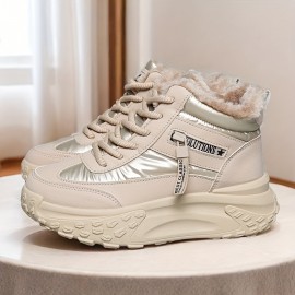 Women's Chunky Platform High-Top Winter Boots - Thick-Sole Lift, Warm Faux & PVC Traction Tread, Round Toe All-Terrain Shoes for, Snow, Casual Wear - Brown/Black (Easy-Clean Fabric)