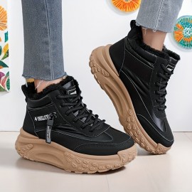 Women's Chunky Platform High-Top Winter Boots - Thick-Sole Lift, Warm Faux & PVC Traction Tread, Round Toe All-Terrain Shoes for, Snow, Casual Wear - Brown/Black (Easy-Clean Fabric)