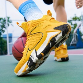 Vibrant Yellow Breathable Mesh Men's High-Top Basketball Shoes - Non-Slip EVA Sole, Durable for Training & Sports, Lace-Up, All-Season Athletic Footwear, Basketball Accessories