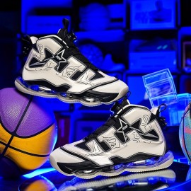 Men's Trendy Luminous Air Cushion High Top Basketball Shoes, Shock Absorption Non Slip For Outdoor Training Running Competition