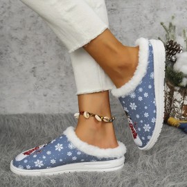 Women's Thickened Plush Slip-On Slippers with Arch Support & Non-Slip Sole - All-Season Indoor House Shoes, Soft EVA & Plush Lining, Winter Warmth, Cushioned Comfort, Blue & White Snowflake & Snowman Design with Heart & Snowflake Patterns - Elegant Winter Home Footwear, Durable PU Sole, Cozy House Shoes for Women, Ideal Christmas Gift (Blue/White/Red) - Slip-Resistant & Arch Support