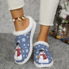 Women's Thickened Plush Slip-On Slippers with Arch Support & Non-Slip Sole - All-Season Indoor House Shoes, Soft EVA & Plush Lining, Winter Warmth, Cushioned Comfort, Blue & White Snowflake & Snowman Design with Heart & Snowflake Patterns - Elegant Winter Home Footwear, Durable PU Sole, Cozy House Shoes for Women, Ideal Christmas Gift (Blue/White/Red) - Slip-Resistant & Arch Support