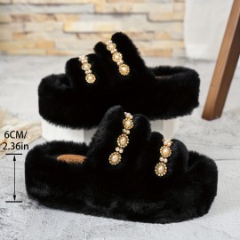 [Plush Slippers] Comfortable Women's Plush Slippers with Thick Sole | Black Faux Fur Slip-Ons, Golden Chain Detail, All-Season Indoor/Outdoor Use, Casual Style, Decorative Chain Detail, House Slippers