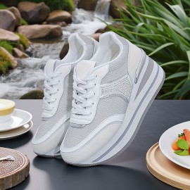 [slope heel thick-soled shoes] Women's casual sneakers | outdoor slope heel, thick-soled, off-road running shoes, female student shoes, all seasons, black, Silvery gray, khaki