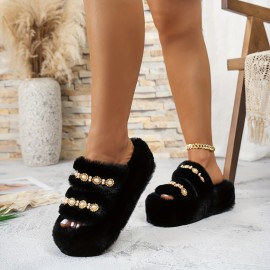 [Plush Slippers] Comfortable Women's Plush Slippers with Thick Sole | Black Faux Fur Slip-Ons, Golden Chain Detail, All-Season Indoor/Outdoor Use, Casual Style, Decorative Chain Detail, House Slippers
